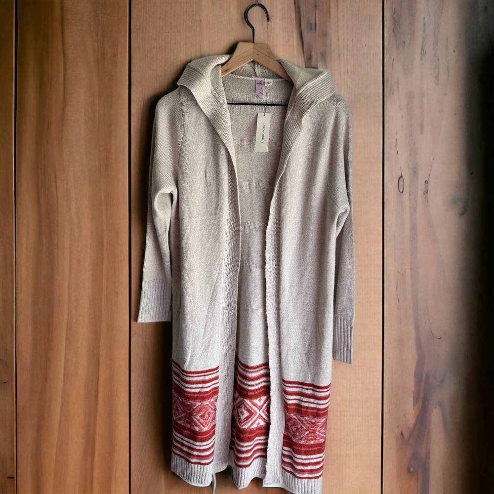 NWT Aztec boho open wrap hooded long duster cardigan sweater - size S